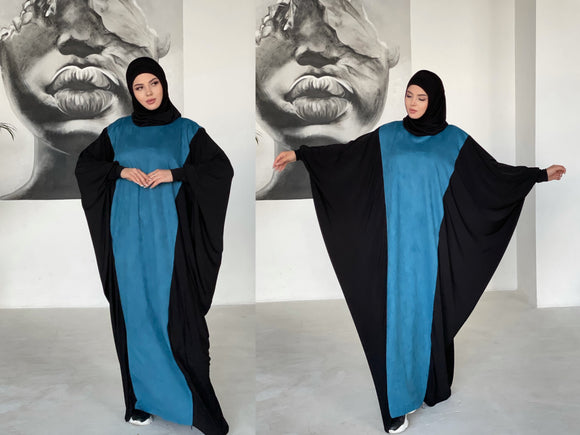 Free size turquoise suede dress with attached hijab, Muslim abaya