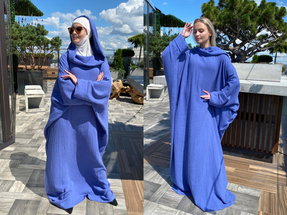 Jeans color free size cotton maxi dress with hood