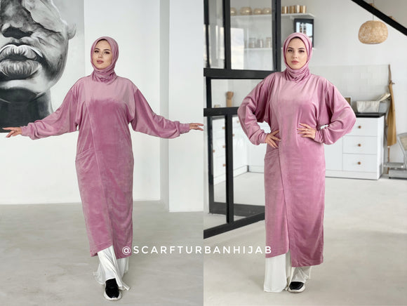 Pink plush velour long tunic with skirt,  winter hijab dress