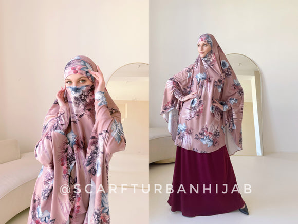 Light brown Floral Print khimar  transformer to niqab
