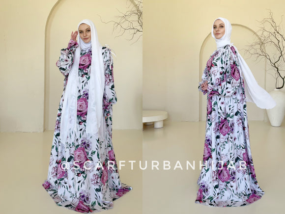 Unique Floral Muslim Maxi Dress with elegant white hijab