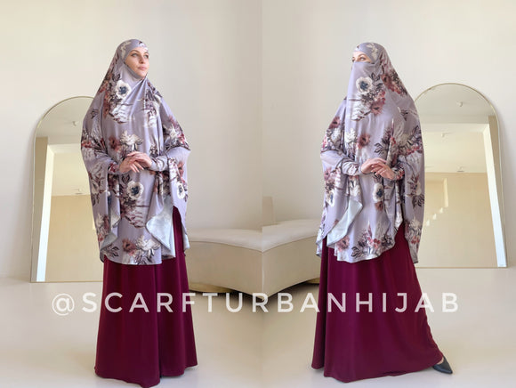Grey Floral Print khimar  transformer to niqab