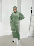 Apple green plush velour long tunic with skirt,  winter hijab dress