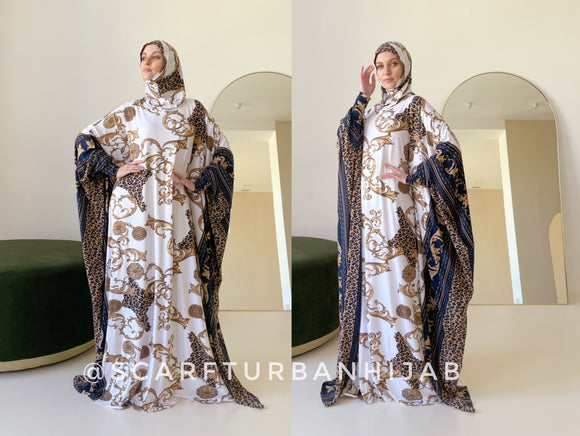 Wide Muslim Dress with Paisley, Leopard, and Blue Stripes Print