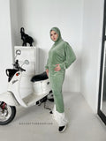 Apple green plush velour long tunic with skirt,  winter hijab dress