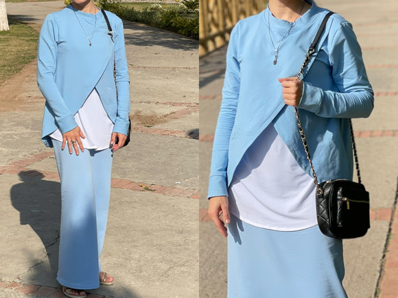 breast-feeding sky blue jersey suit with skirt and tunic, for nursing