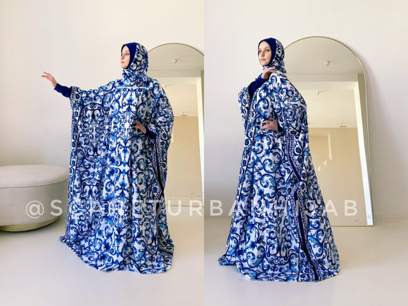 Elegant white kaftan abaya with blue Italian  print and attached hijab