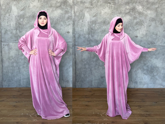 Pink velour fee size maxi dress with hood
