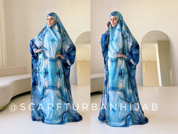 Blue Silk khimar with Unique agate Print, modest jilbab , nikkah