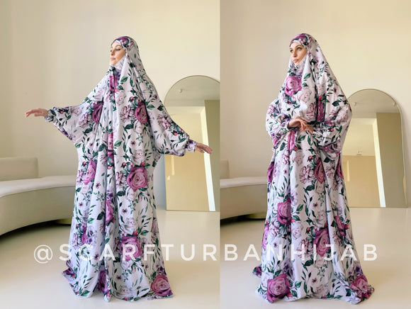 Elegant long khimar with pink rose print