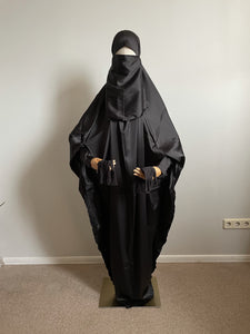 Gray silk khimar, harem pants, niqab