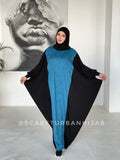 Free size turquoise suede dress with attached hijab, Muslim abaya