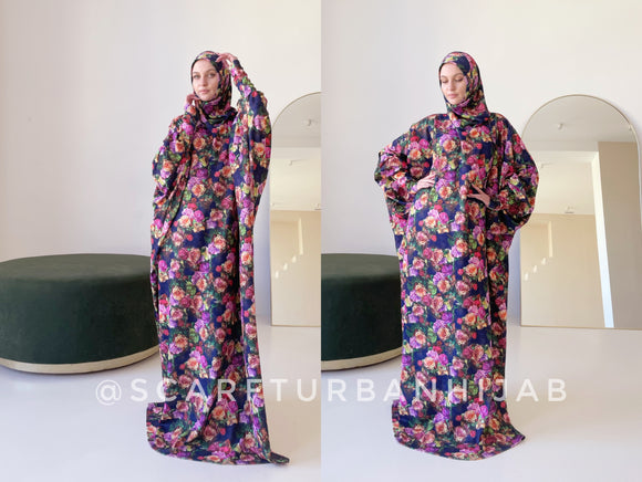 Muslim Long Dress with Rainbow Rose Print and Built-in Hijab