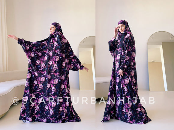 Dark long khimar with floral print