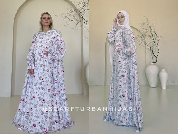 Long Muslim Dress with Unique Soft Pink Rose Print