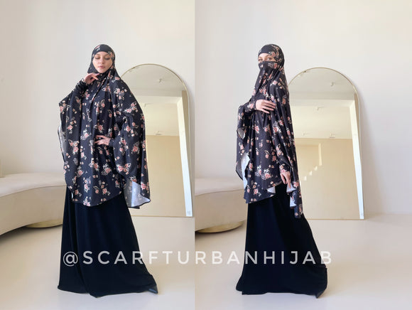 Black Floral Print khimar  transformer to niqab, jilbab