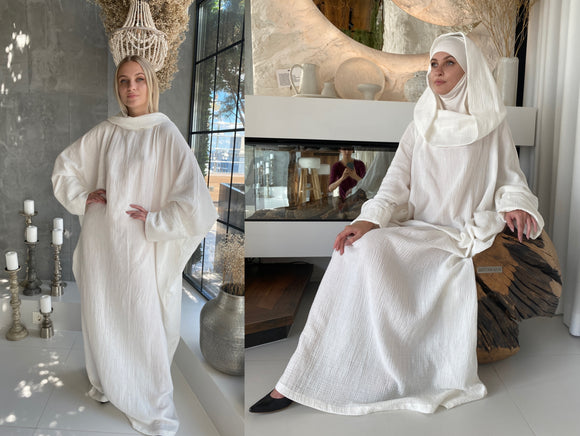 Ivory free size cotton maxi dress with hood