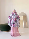 Bright white khimar with rose print, elegant jilbab