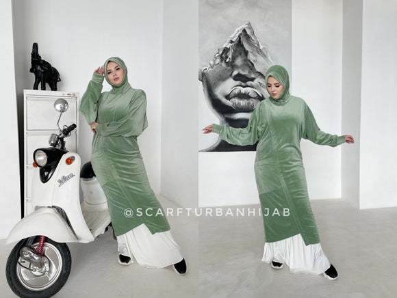 Apple green plush velour long tunic with skirt,  winter hijab dress