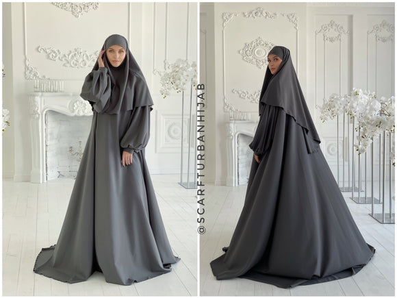 Elegant gray maxi dress with khimar