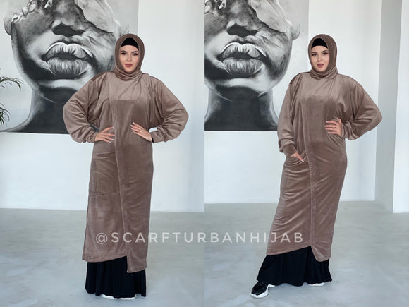 Mocco brown velour long tunic with skirt,  winter hijab dress