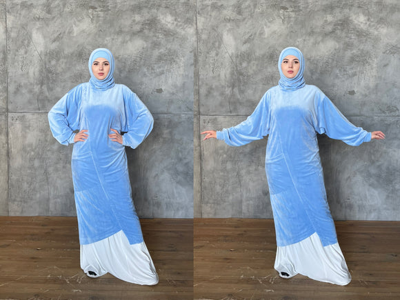 Sky blue plush velour long tunic with skirt,  winter hijab dress