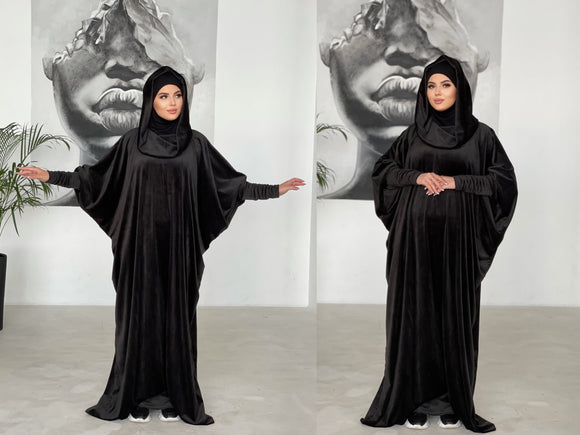 Black velour fee size maxi dress with hood
