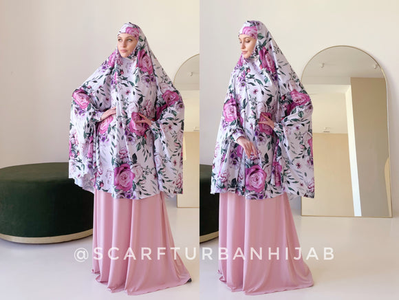 Bright white khimar with rose print, elegant jilbab