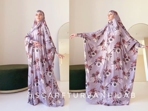 Long khimar with floral print and wide cuffs - perfect jilbab for prayer and everyday wear.
