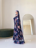 Long Dark Blue Floral Print Jersey khimar- One Size Fits All